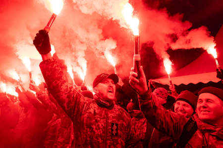 KYIV, UKRAINE - Jan. 19, 2022: Mass protest against arbitrariness and dictatorship near the office...