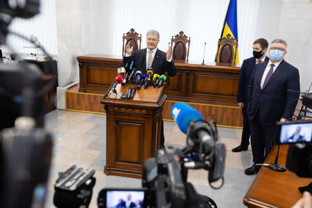 KYIV, UKRAINE - Jan. 28, 2022: Fifth president of Ukraine, Petro Poroshenko in the appellate court of the city of Kiev on a fabricated case of high treason.のeditorial素材