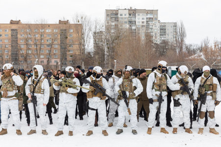 KYIV, UKRAINE - Feb. 06, 2022: Territorial defense exercises amid the threat of a Russian military...