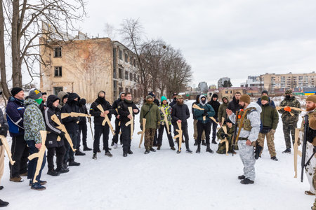 KYIV, UKRAINE - Feb. 06, 2022: Territorial defense exercises amid the threat of a Russian military...
