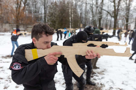 KYIV, UKRAINE - Feb. 12, 2022: Territorial defense exercises amid the threat of a Russian military...