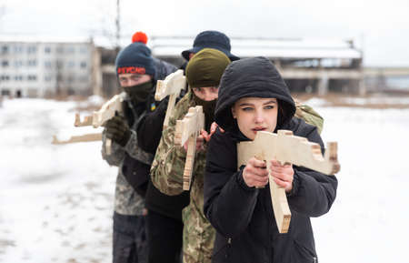 KYIV, UKRAINE - Feb. 12, 2022: Territorial defense exercises amid the threat of a Russian military invasion of Ukraine. Military exercises for civilians in Kyiv, Ukraineのeditorial素材