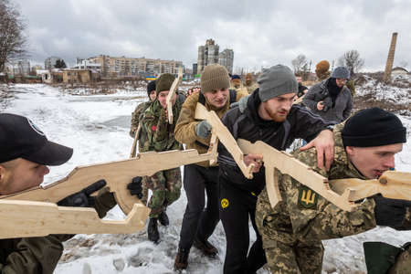 KYIV, UKRAINE - Feb. 12, 2022: Territorial defense exercises amid the threat of a Russian military...