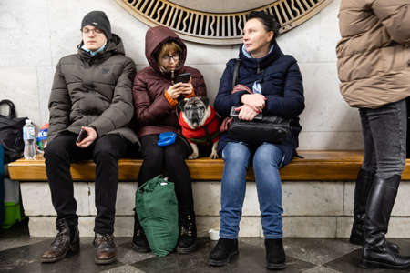 KYIV, UKRAINE - Feb. 24, 2022: War of Russia against Ukraine. Subway station serves as a shelter for thousands of people during a rocket and bomb attackのeditorial素材