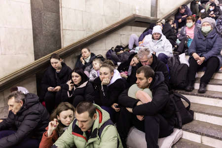 KYIV, UKRAINE - Feb. 25, 2022: War of Russia against Ukraine. Subway station serves as a shelter for thousands of people during a rocket and bomb attackのeditorial素材