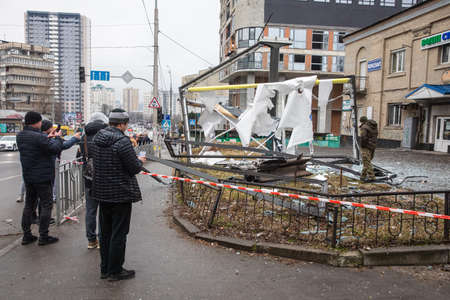 KYIV, UKRAINE - Feb. 24, 2022: War of Russia against Ukraine. Debris of an a Russian rocket aftermath of an explosion in Kyiv, Ukraineのeditorial素材