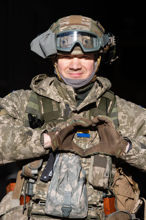 KYIV, UKRAINE - Feb. 26, 2022: War of Russia against Ukraine. Fighters of the battalion of...