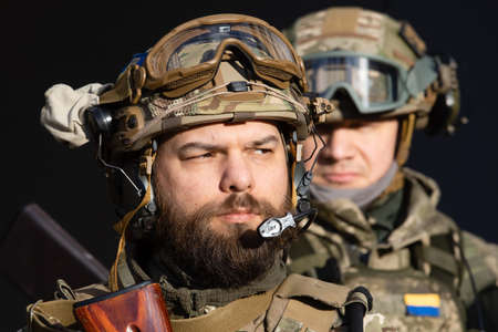 KYIV, UKRAINE - Feb. 26, 2022: War of Russia against Ukraine. Fighters of the battalion of...