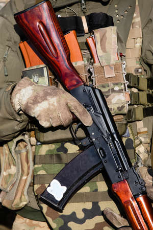 KYIV, UKRAINE - Feb. 26, 2022: War of Russia against Ukraine. Fighters of the battalion of...