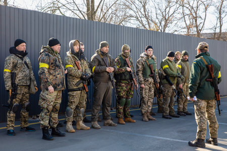 KYIV, UKRAINE - Feb. 28, 2022: War of Russia against Ukraine. Kyiv territorial defense. A large...