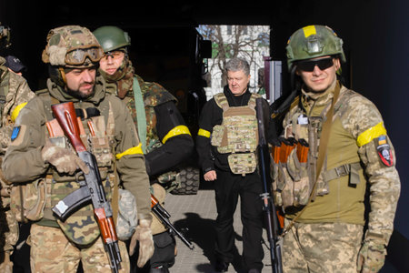 KYIV, UKRAINE - Feb. 26, 2022: War of Russia against Ukraine. The fifth President of Ukraine Petro...