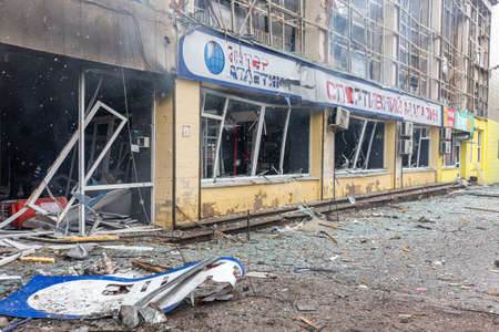 KYIV, UKRAINE - Mar. 02, 2022: War of Russia against Ukraine. View of a civilian sports club gym and sporting goods store damaged following a Russian rocket attack the city of Kyiv, Ukraineのeditorial素材
