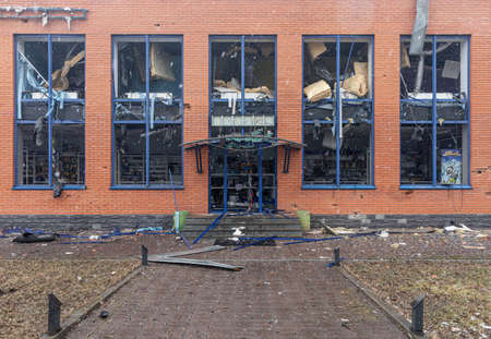 KYIV, UKRAINE - Mar. 02, 2022: War of Russia against Ukraine. View of a auto parts store damaged following a Russian rocket attack the city of Kyiv, Ukraineのeditorial素材