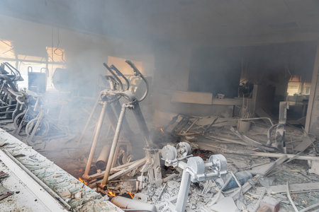 KYIV, UKRAINE - Mar. 02, 2022: War of Russia against Ukraine. View of a civilian sports club gym and...