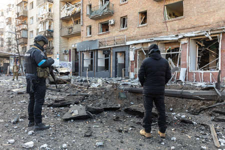 KYIV, UKRAINE - Mar. 14, 2022: War in Ukraine. Devastation and death on the streets of Kyiv as a...