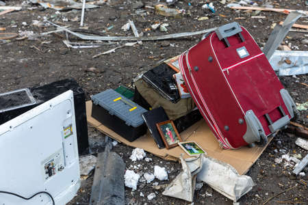 KYIV, UKRAINE - Mar. 14, 2022: War in Ukraine. Completely destroyed residential building that was...