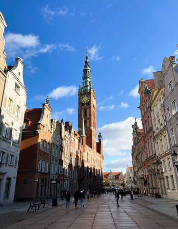 Gdansk, Poland - Feb. 22, 2022: Amazing architecture of the old town of Gdansk. Dluga Street is the main pedestrian street in the Old town centerのeditorial素材