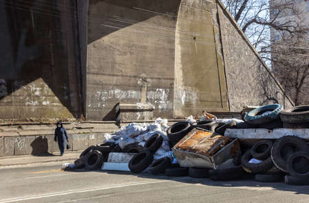 KYIV, UKRAINE - Mar. 18, 2022: War in Ukraine. Barricades on the streets of Kyiv