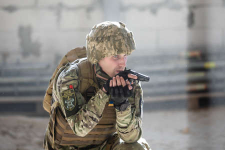KYIV, UKRAINE - Mar. 22, 2022: War of Russia against Ukraine. Training exercises of the members of...