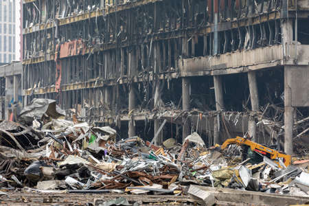 KYIV, UKRAINE - Mar. 29, 2022: War in Ukraine. Shopping center that was damaged by shelling on 21 March by a Russian attack in Kyiv, where according to emergency service, at least six people diedのeditorial素材