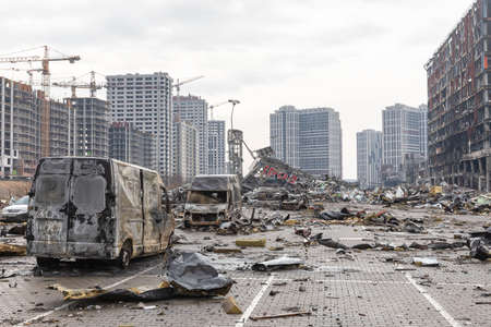 KYIV, UKRAINE - Mar. 29, 2022: War in Ukraine. Shopping center that was damaged by shelling on 21 March by a Russian attack in Kyiv, where according to emergency service, at least six people diedのeditorial素材