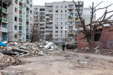 CHERNIHIV, UKRAINE - Apr. 05, 2022: War in Ukraine. Chaos and destroyed houses on the streets of...