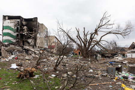 BORODYANKA, UKRAINE - APR. 06, 2022: War in Ukraine. Chaos and devastation on the streets of...