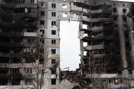 BORODYANKA, UKRAINE - APR. 06, 2022: War in Ukraine. Chaos and devastation on the streets of Borodyanka as a result of the attack of Russian invadersのeditorial素材