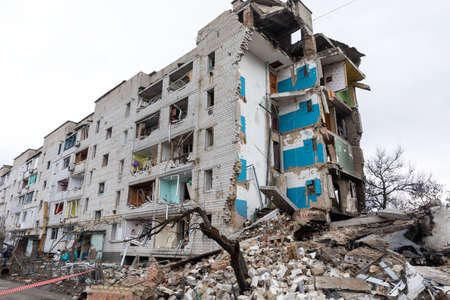 BORODYANKA, UKRAINE - APR. 06, 2022: War in Ukraine. Chaos and devastation on the streets of Borodyanka as a result of the attack of Russian invadersのeditorial素材
