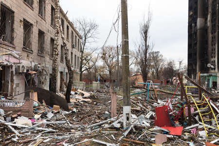BORODYANKA, UKRAINE - APR. 06, 2022: War in Ukraine. Chaos and devastation on the streets of...
