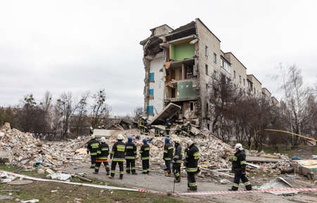 BORODYANKA, UKRAINE - APR. 06, 2022: War in Ukraine. Chaos and devastation on the streets of...