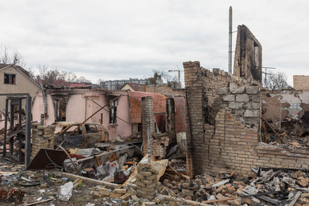 BUCHA, UKRAINE - Apr. 06, 2022: War in Ukraine. Chaos and devastation on the streets of Bucha as a...