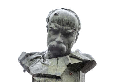 BORODYANKA, UKRAINE - Apr. 10, 2022: A monument to Taras Shevchenko damaged in the result of shelling by the russian troopsのeditorial素材
