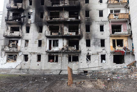 CHERNIHIV REG., UKRAINE - Apr. 18, 2022: Russia's war against Ukraine. Completely destroyed houses and chaos in the Chernihiv region as a result of the attack of Russian invadersのeditorial素材