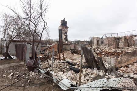 CHERNIHIV REG., UKRAINE - Apr. 18, 2022: Russia's war against Ukraine. Completely destroyed houses...