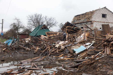 CHERNIHIV REG., UKRAINE - Apr. 18, 2022: Russia's war against Ukraine. Completely destroyed houses...