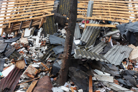 CHERNIHIV REG., UKRAINE - Apr. 18, 2022: Russia's war against Ukraine. Completely destroyed houses...