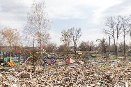 MAKARIV, UKRAINE - Apr. 23, 2022: Destroyed kindergarten as a result of the invasion of Ukraine by...