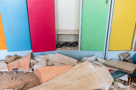 MAKARIV, UKRAINE - Apr. 23, 2022: Destroyed kindergarten as a result of the invasion of Ukraine by the Russian occupation forces. Russians throw air bomb on it at night on March 26のeditorial素材