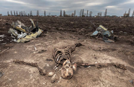MAKARIV, UKRAINE - Apr. 23, 2022: Skeletons of dead Russian military pilots among the wreckage of a downed and burnt helicopter in the middle of a field near the village of Makarivのeditorial素材