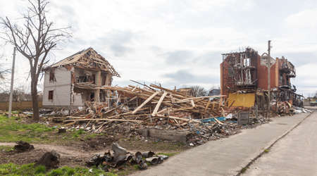 MAKARIV, UKRAINE - Apr. 23, 2022: Completely and partially destroyed houses in the village as a result of the attack of Russian invadersのeditorial素材