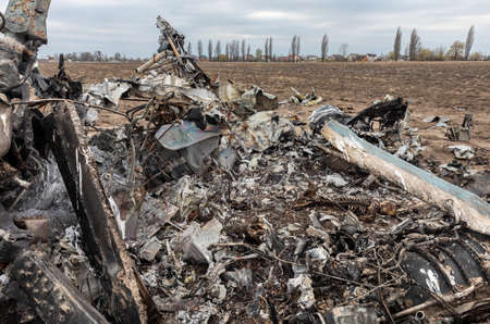 MAKARIV, UKRAINE - Apr. 23, 2022: Skeletons of dead Russian military pilots among the wreckage of a...