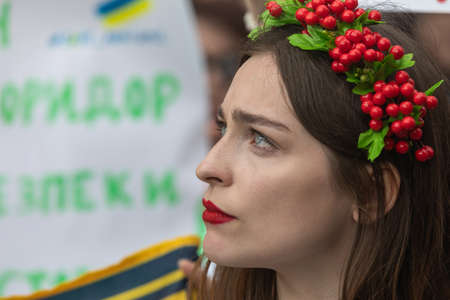 KYIV, UKRAINE - May 23, 2022: Wifes, mothers, kids of Ukrainian soldiers and members of Azov Battalion attend a rally to help organize a humanitarian corridor for the evacuation from Mariupolのeditorial素材