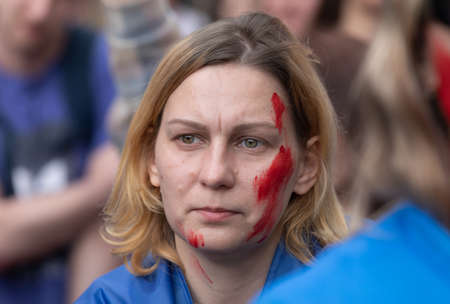 KYIV, UKRAINE - May 23, 2022: Wifes, mothers, kids of Ukrainian soldiers and members of Azov Battalion attend a rally to help organize a humanitarian corridor for the evacuation from Mariupolのeditorial素材