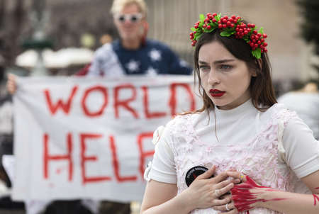 KYIV, UKRAINE - May 23, 2022: Wifes, mothers, kids of Ukrainian soldiers and members of Azov Battalion attend a rally to help organize a humanitarian corridor for the evacuation from Mariupolのeditorial素材