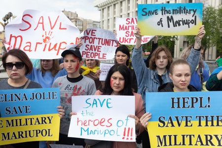 KYIV, UKRAINE - May 23, 2022: Wifes, mothers, kids of Ukrainian soldiers and members of Azov...