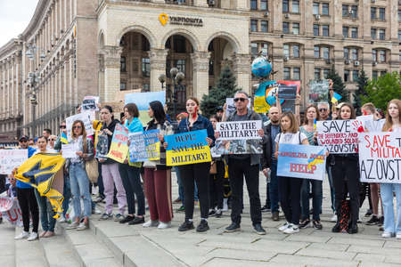 KYIV, UKRAINE - May 23, 2022: Wifes, mothers, kids of Ukrainian soldiers and members of Azov...