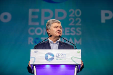 ROTTERDAM, NETHERLANDS - May 31, 2022: Fifth President of Ukraine Petro Poroshenko speaks during the European People's Party Congressのeditorial素材