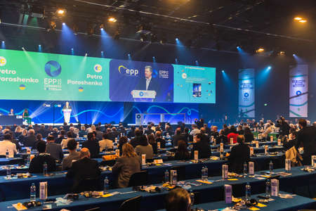 ROTTERDAM, NETHERLANDS - May 31, 2022: Fifth President of Ukraine Petro Poroshenko speaks during the European People's Party Congressのeditorial素材