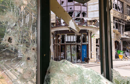 IRPIN, UKRAINE - May. 13, 2022: War of Russia against Ukraine. A residential building damaged by russian invaders in Irpin. Devastation and chaos as a result of Russia's military invasion of Ukraineのeditorial素材